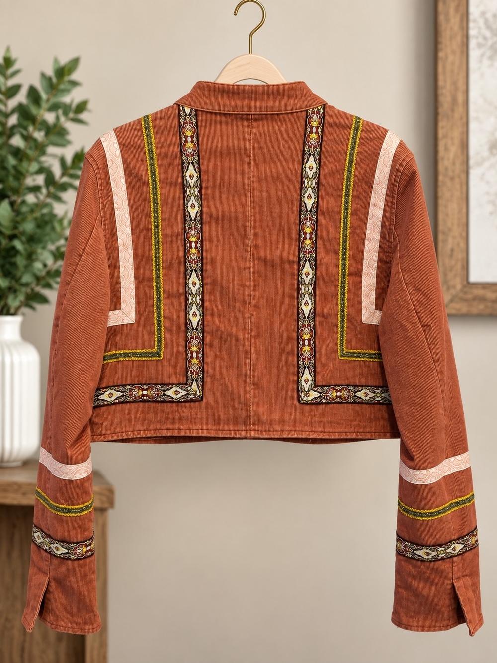 Venezia Corduroy Rust Embroidered Cropped Jean Jacket with Trim - Picture 3 of 4